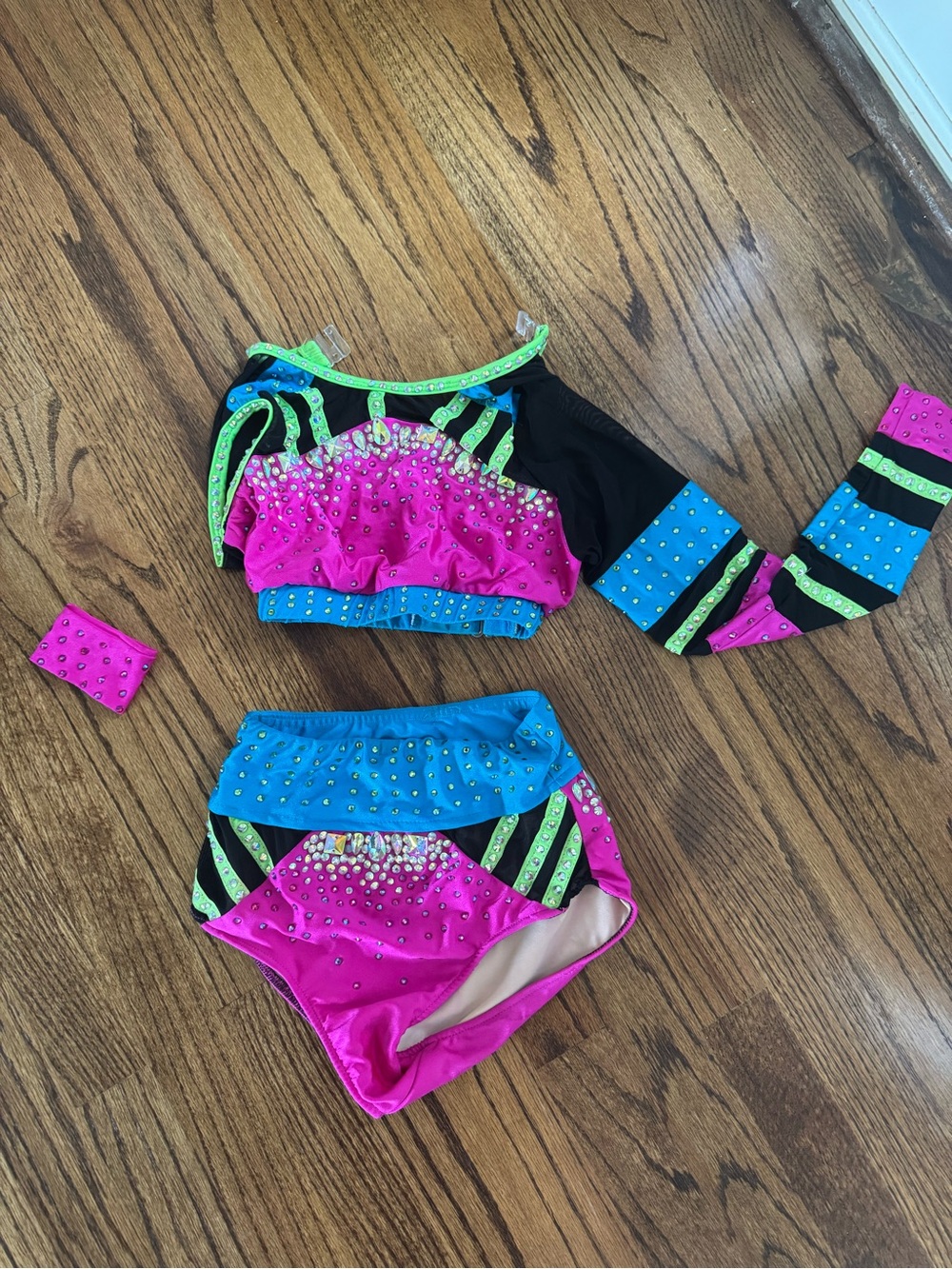 Girls Neon Pink & Blue Dance Costume Set with Accent Green